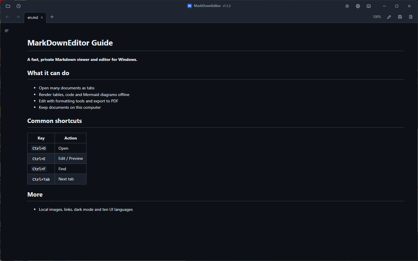MarkDownEditor English interface showing tabs, table of contents, and a rendered Markdown document